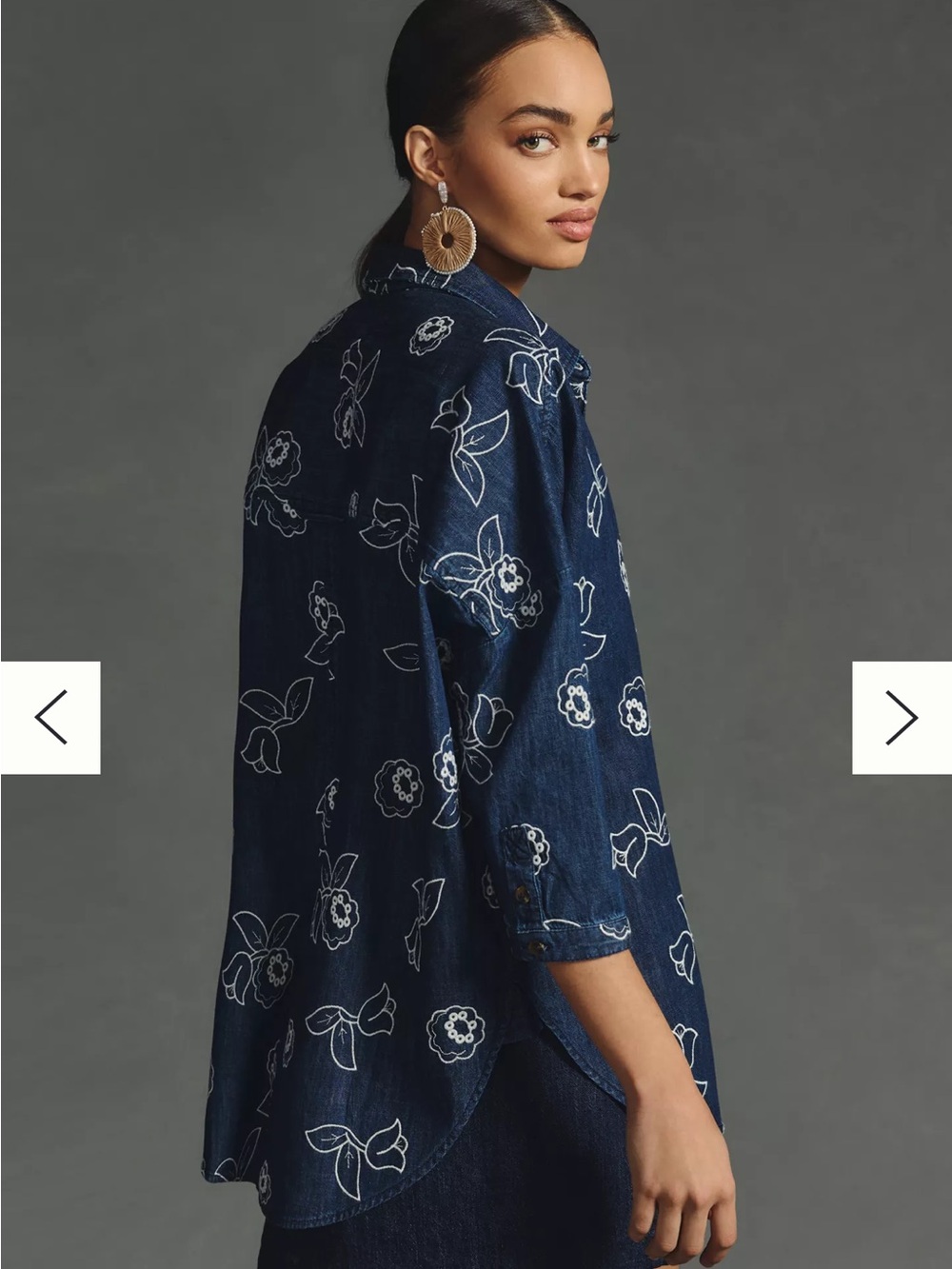 Maeve Anthropologie Blue Floral Embroidered Denim Button-Up Shirt OVERSIZED M-L - Picture 2 of 10